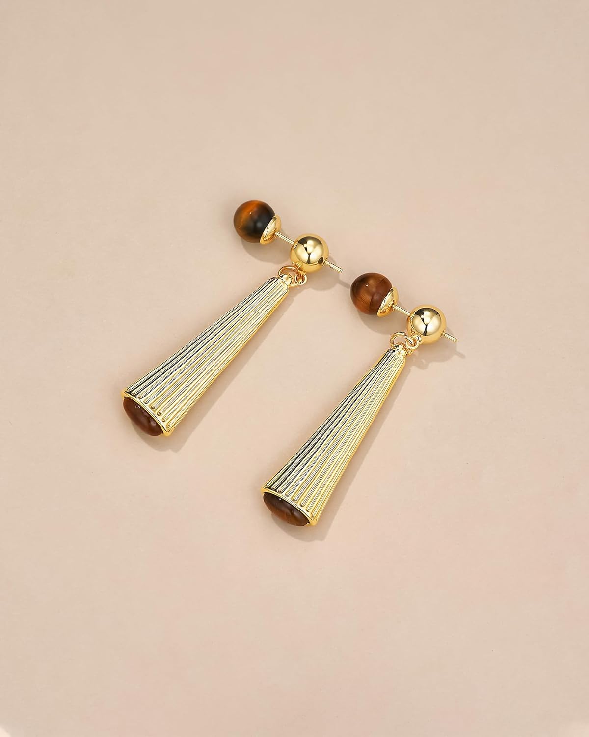 18K Gold Plated Brown Tiger Eye Long Ribbed Geometric Vertical Bar Drop Chunky Tigers Eye Gemstone Statement Earrings for Women by SNGIA, Bold Drop Handmade Exaggerated Textured Irregular Trendy Bohemian Stud Jewelry Gifts, Unique Dangling Baroque Stone Summer Beach Fashion Accessories, Rectangular Vintage Thick Circular Nickle Free Huggies Hoop Earring. - Image 5