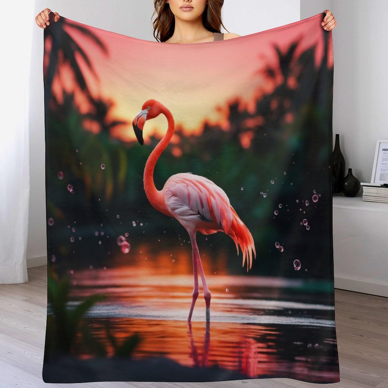 Couverture polaire en flannel motif flamant rose grand plaid chaud pour lit