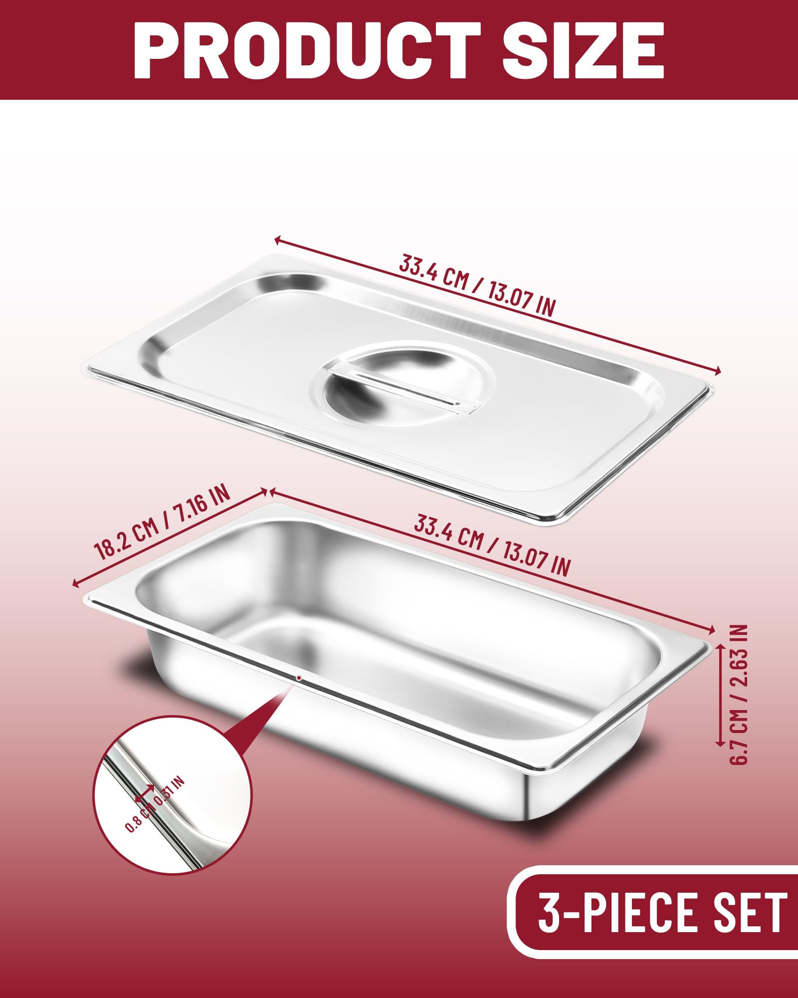 Set 3 Ciotole per Impanare in Acciaio Inox GN 1/3 con Coperchio Contenitori Rettangolari per Carne Cotoletta e Preparazioni in Cucina 32,5 x 17,5 x 6,5 cm