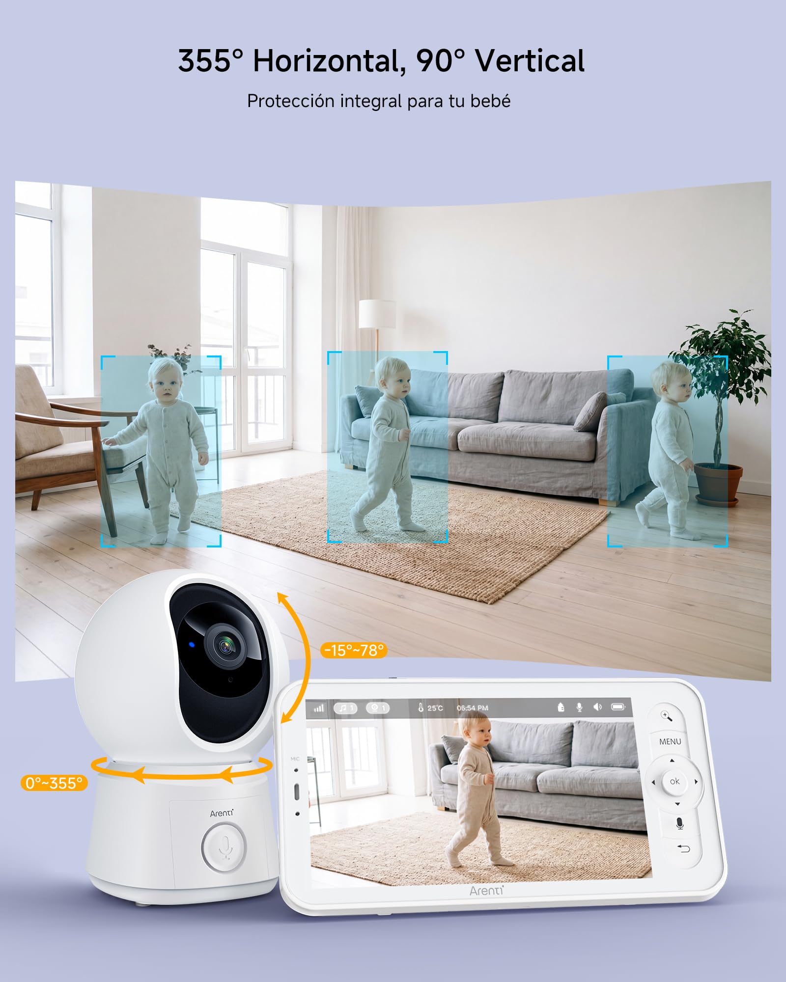 ARENTI Vigilabebes con 2 Camaras con Pantalla de 5'', 1080P Camara Vigilancia Bebe, Audio Bidireccional, Detección de Movimiento y Sonido, Visión Nocturna, Sensor Temperatura, Modo VOX, Alarma de Área