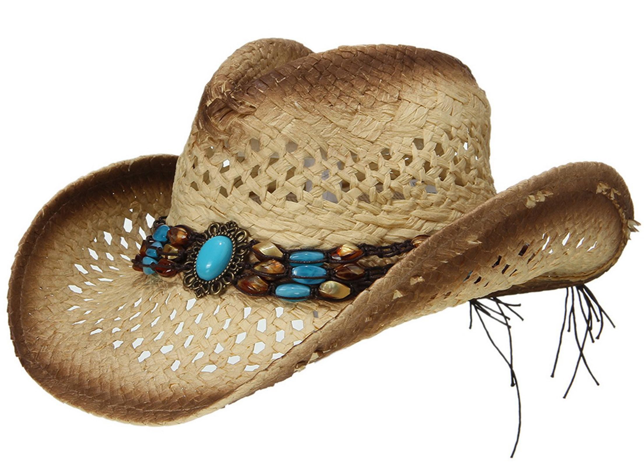 EOZY Women's Straw Cowboy Hat Bend Brim Fedora Hat Sun Beads Decorates Hollow Out Cowgirl Sun Hats for Beach Outdoor Brown
