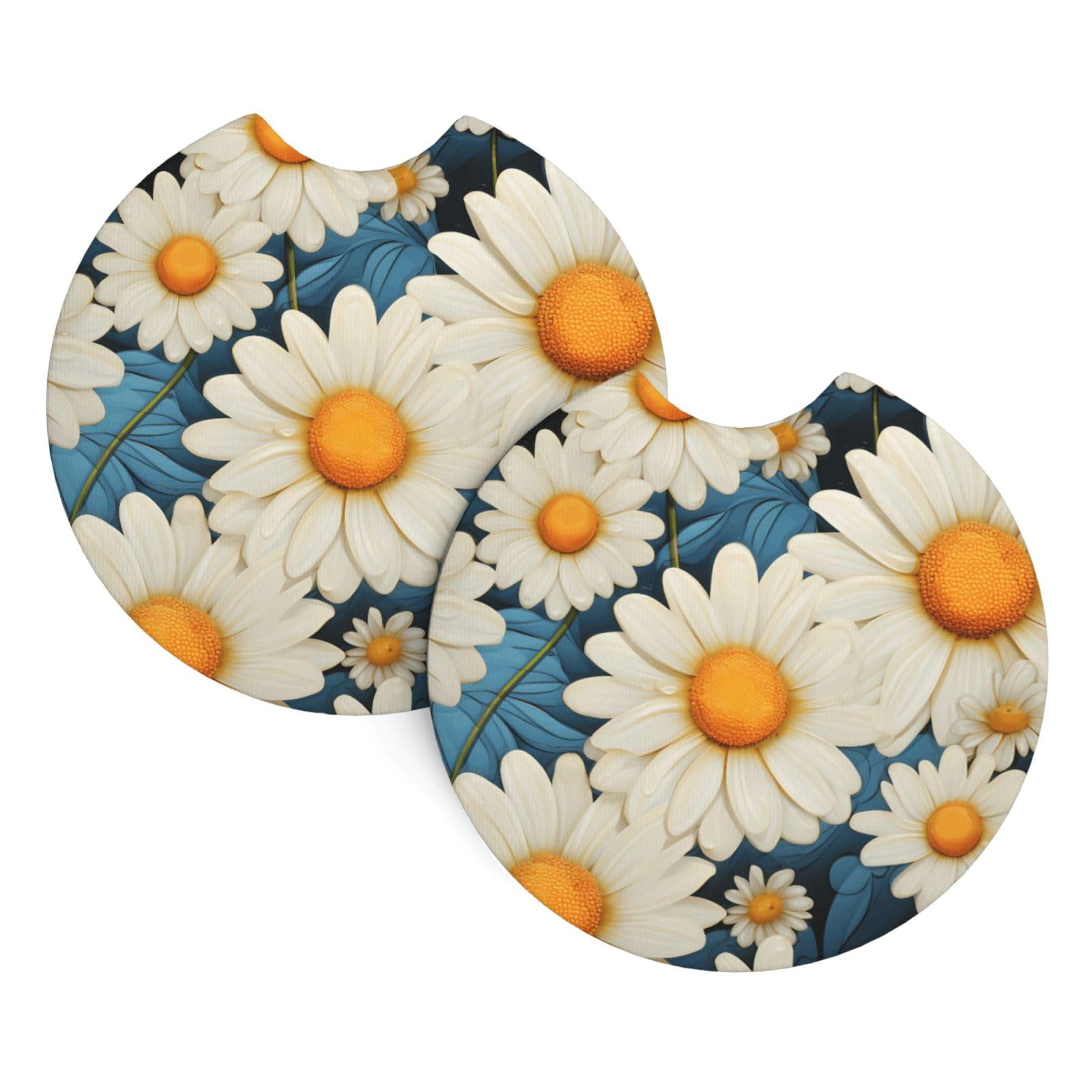 2PCS Car Coaster for Cup Holders Universal Auto Cup Mat Daisy Cup Coaster Pad 2.7" Waterproof Neoprene Non-Slip Cup Holder Coasters Car Interior Accessories for Women Men