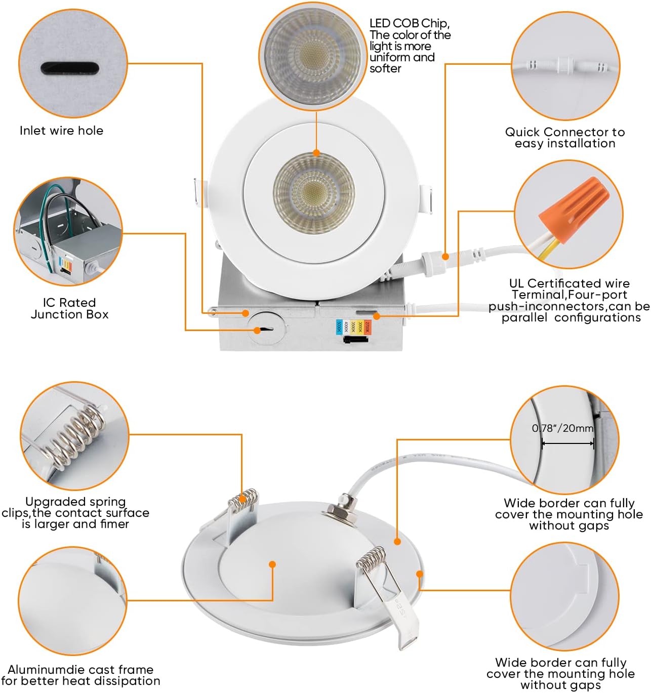 4 Inch LED Gimbal Recessed Light with Junction Box, 90° Adjustable Directional Eyeball Lighting, 9W CRI90+ Dimmable Recessed Light Fixture (6 Pack)
