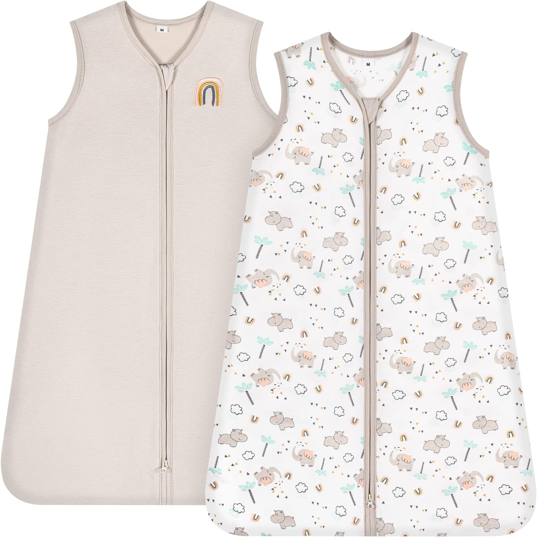 TILLYOU Sleep Sack 2 Pack - Baby Wearable Blanket with 2-Way Zipper, Extra Soft Cotton Sleeveless Sleeping Bag for Infants, 6-12 Months, Happy Forest & Nude