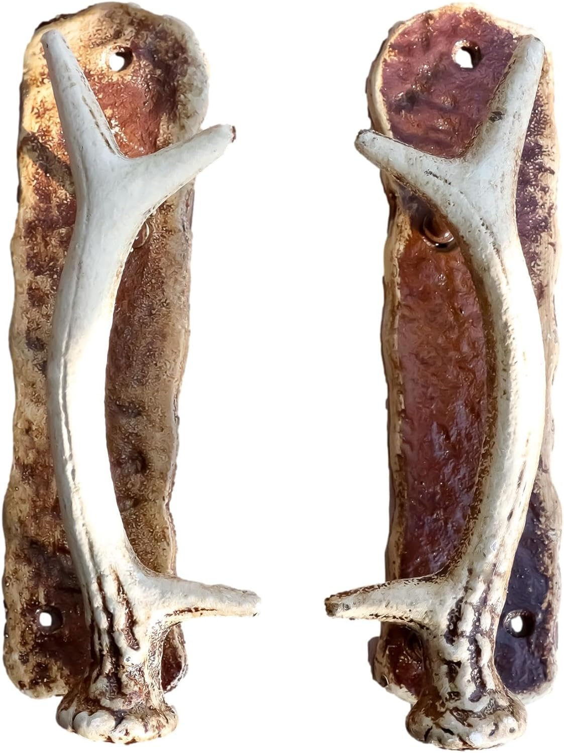 Ebros Set of 2 Western Rustic Deer Antlers Door Pull Handle Hardware Pack of 2 Speckled Brown Left and Right Sides Decorative Accent 8" High for Barn Doors Entrance Main Cabin Lodge Country Home