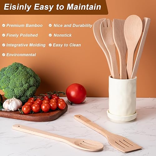 Vista 11 de Cucharas de madera para cocinar 7 piezas, juego de utensilios de cocina de bambú antiadherentes, cuchara de espátula de madera de bambú saludable