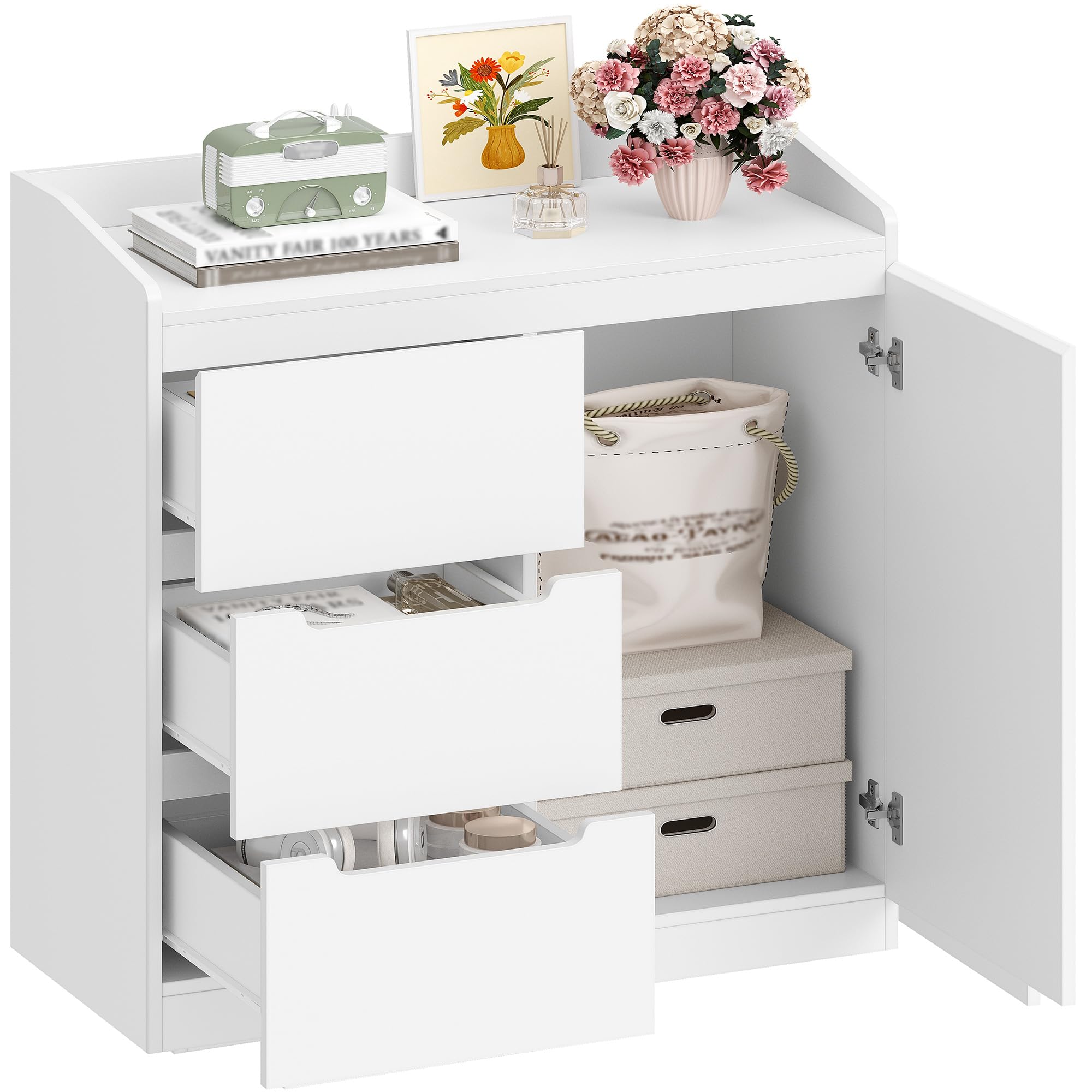 Hzuaneri Sideboard, Storage Cupboard Cabinet Unit with Doors and Drawers, Storage Cabinet, for Living Room, Bedroom, White DC12303X