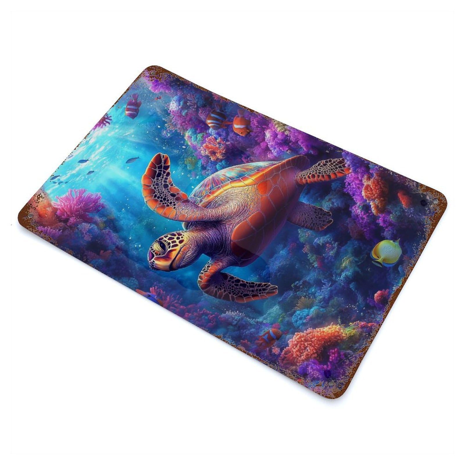 Rusty Metal Tin Sign with Sea Turtle in Coral Reef Design 11.8"x7.9", for Farmhouse, Kitchen And Entryway Decor, Rustic Home Decor