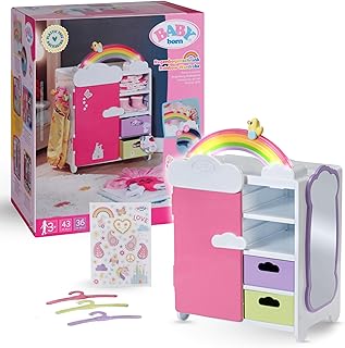 BABY born Regenboogkast - Opbergruimte voor poppenkleding - Met kleurrijke regenboog en vrolijke geluiden - Hoogwaardige poppenaccessoires incl. schoenenladen, kleerhangers en stickers