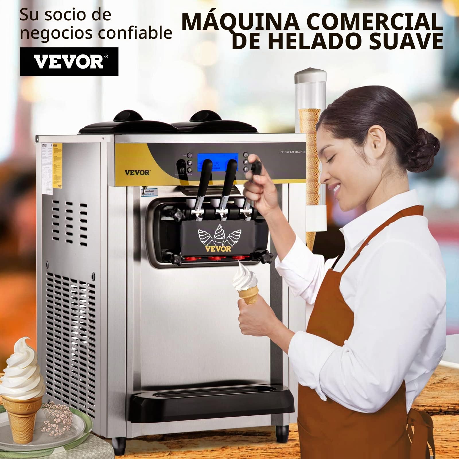 VEVOR Máquina de Helados Comercial Máquina de Helado Suave Plata 22-30 L por Hora Máquina para Hacer Helados Suaves en Cafeterías, Buffets, Tiendas de Bebidas, Restaurantes