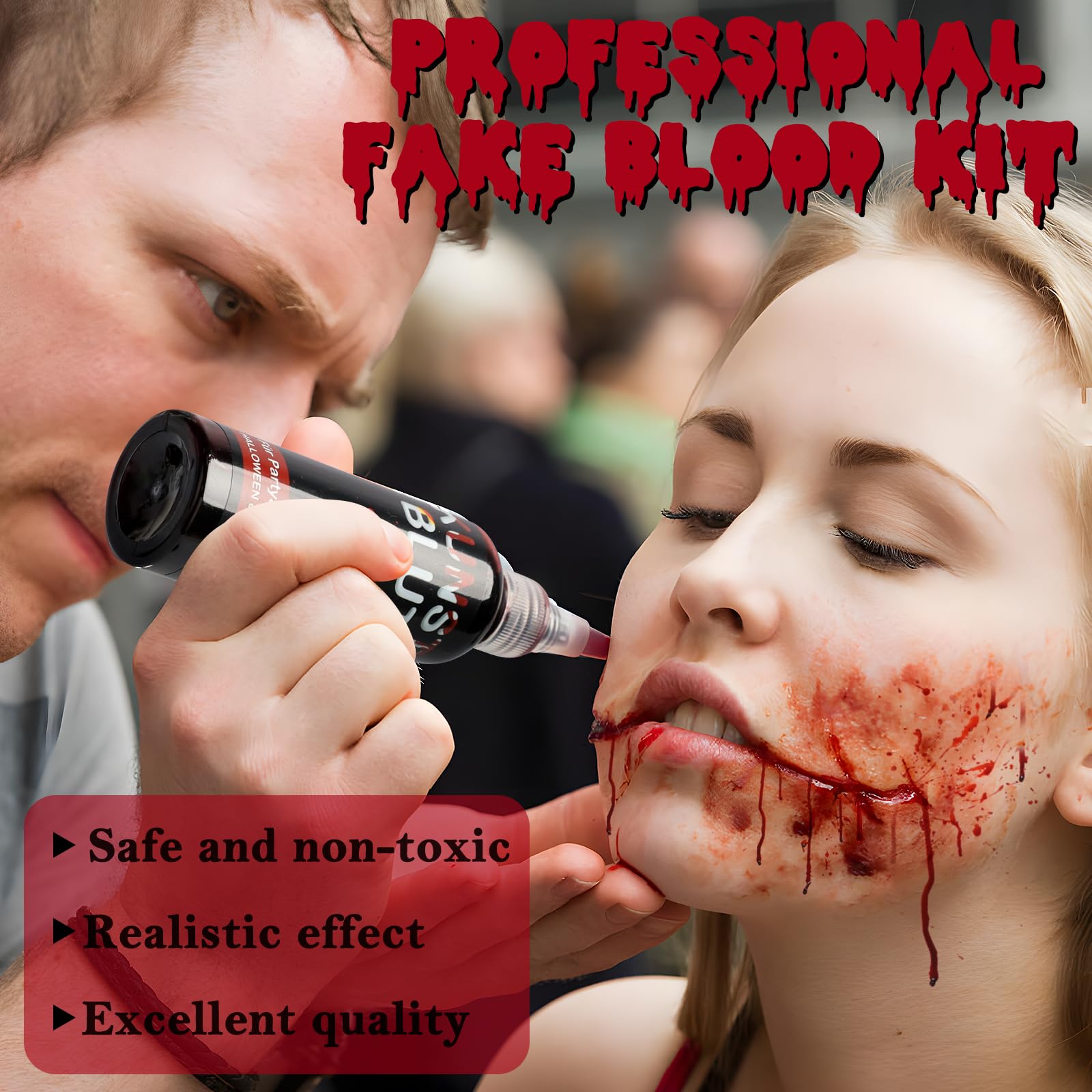 SEO-FANALLY Sangue Finto 50 ml +1 Spugna, Halloween Trucchi Viso Lavabile, Trucco Halloween Fake Blood Kit, Utilizzato per il Trucchi Halloween, Zombie, Vampiro, Cosplay, Trucco da Clown Teatrale