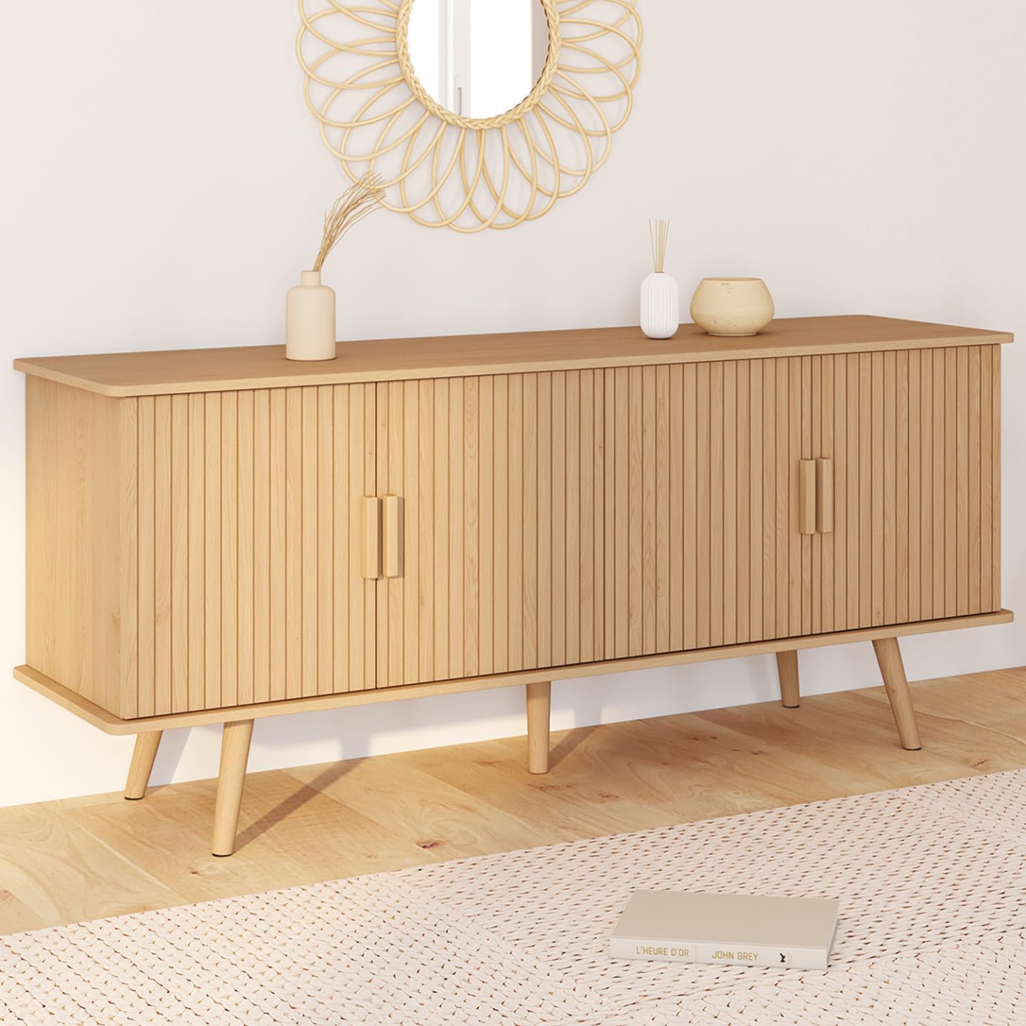 IDMarket - Buffet Bas 140 cm Juliette 4 Portes Effet Lattes tasseau Bois Coloris chêne