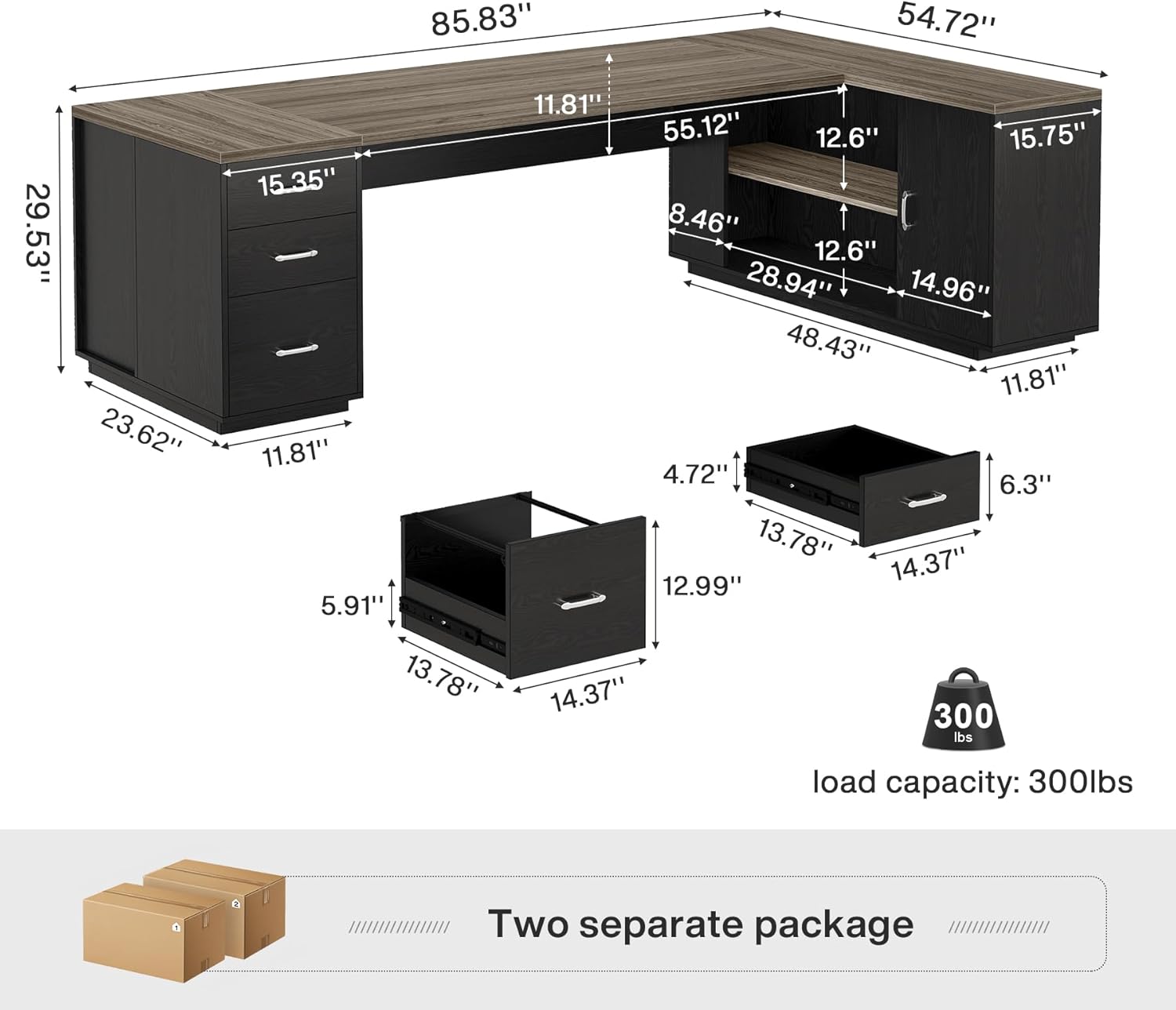 Tribesigns 85.8-Inch L-Shaped Executive Desk, Extra Large Modern Office Desk with File Drawers, Door Cabinet & Shelves, Commercial Office Table, Home Business Workstation, Grey & Black