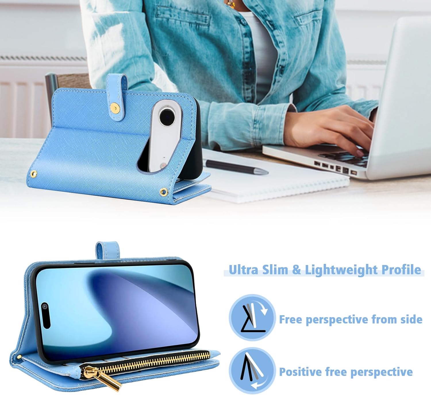 Floral Wallet Case for iPhone 17 Air 6.5 inch & Wrist/Shoulder Strap Flip Zipper Purse, Luxury PU Leather Credit ID Card Holder Stand Accessories Cell Phone Cover for i Phone17 i17 17Air Blue