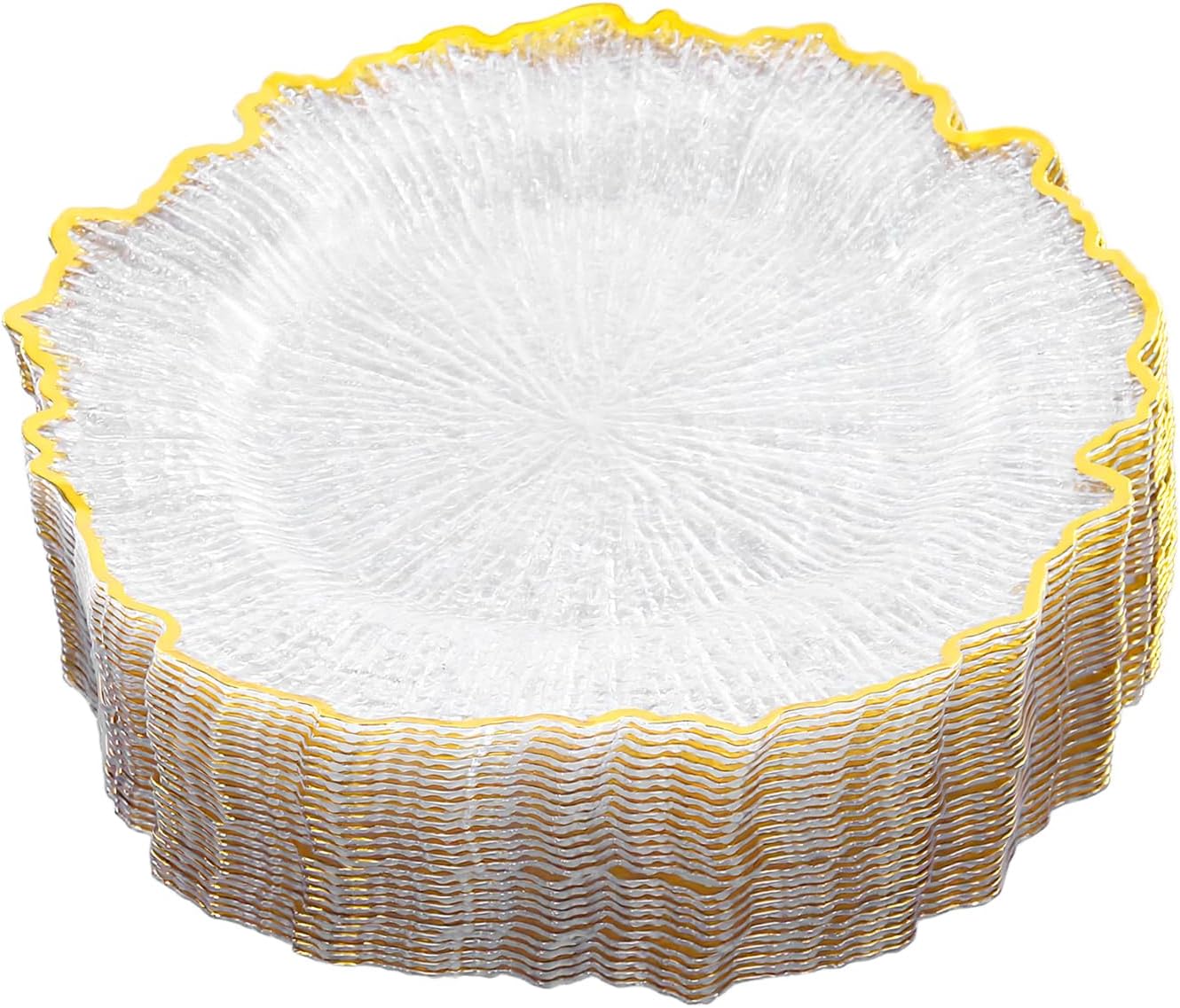 25Pcs Antique Clear Charger Plates, 13" Round Chargers for Dinner Plates, Reusable Plastic Charger Plates Bulk with Flower-Like Decorative Gold Rim for Wedding, Dinner, Party, Bridal Shower