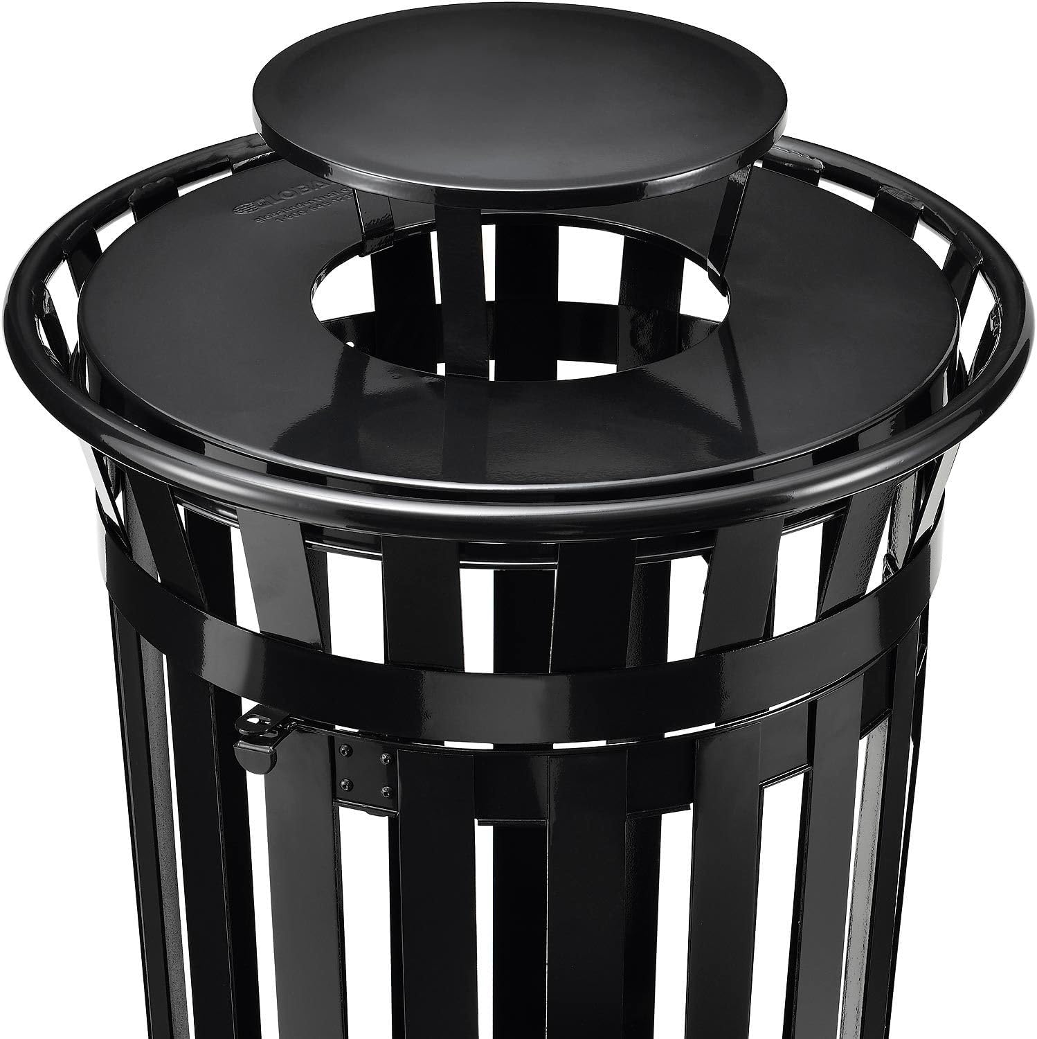 Global Industrial 36 Gallon Outdoor Steel Slatted Receptacle with Access Door & Rain Bonnet Lid, Plastic Liner and Anchor Kit Included, 28" Dia. X 47-3/4"H, Black