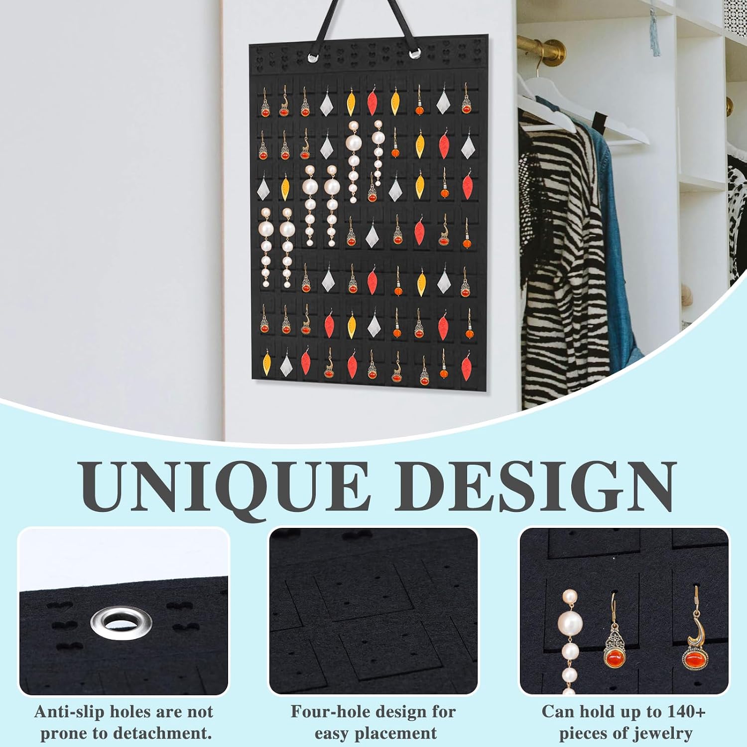 2 Pack Hanging Earring Organizer, Black Felt Jewelry Holder Display Case for Studs, Hoops, Necklaces, Bracelets (Black) image 3