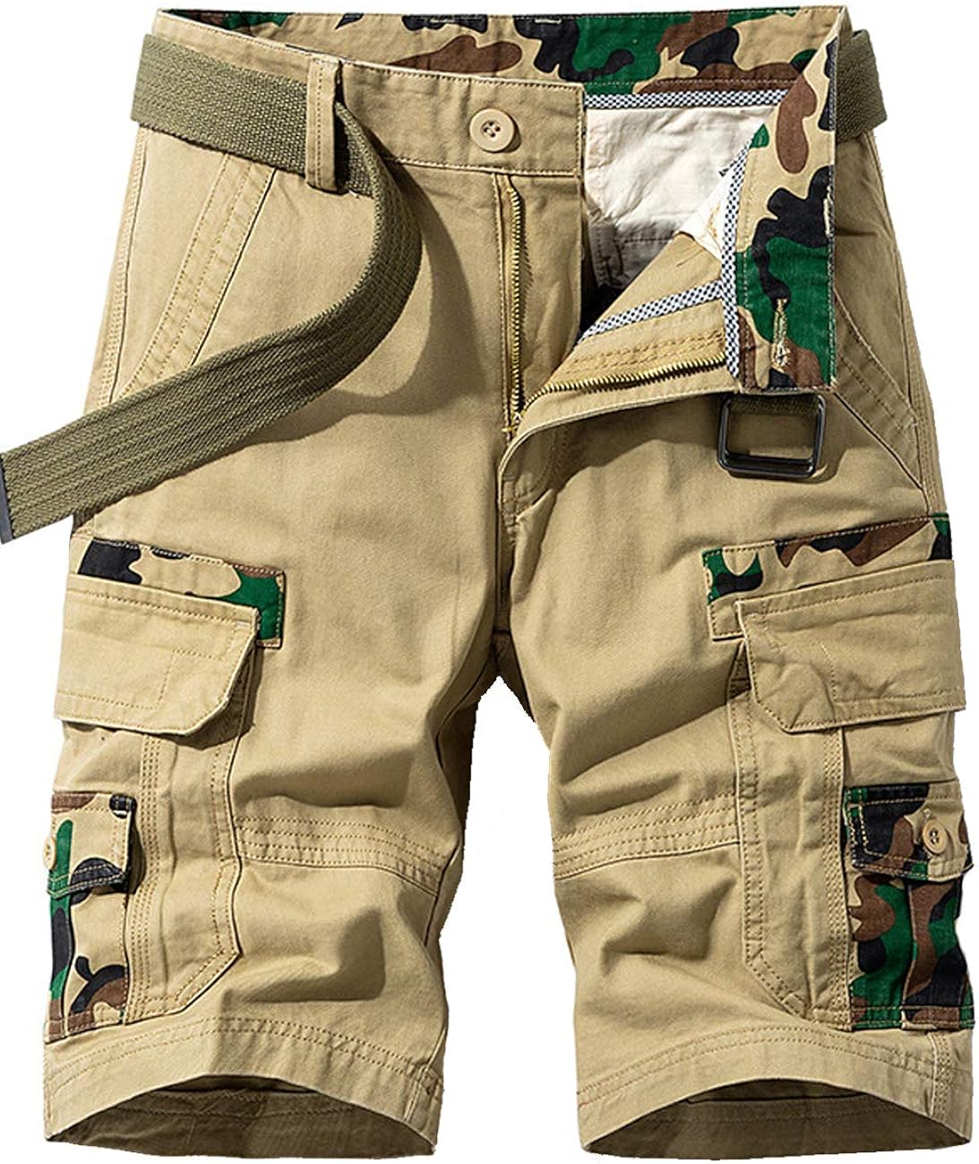 Men's Lightweight Multi Pocket Casual Cargo Shorts with No Belt 7.Khaki