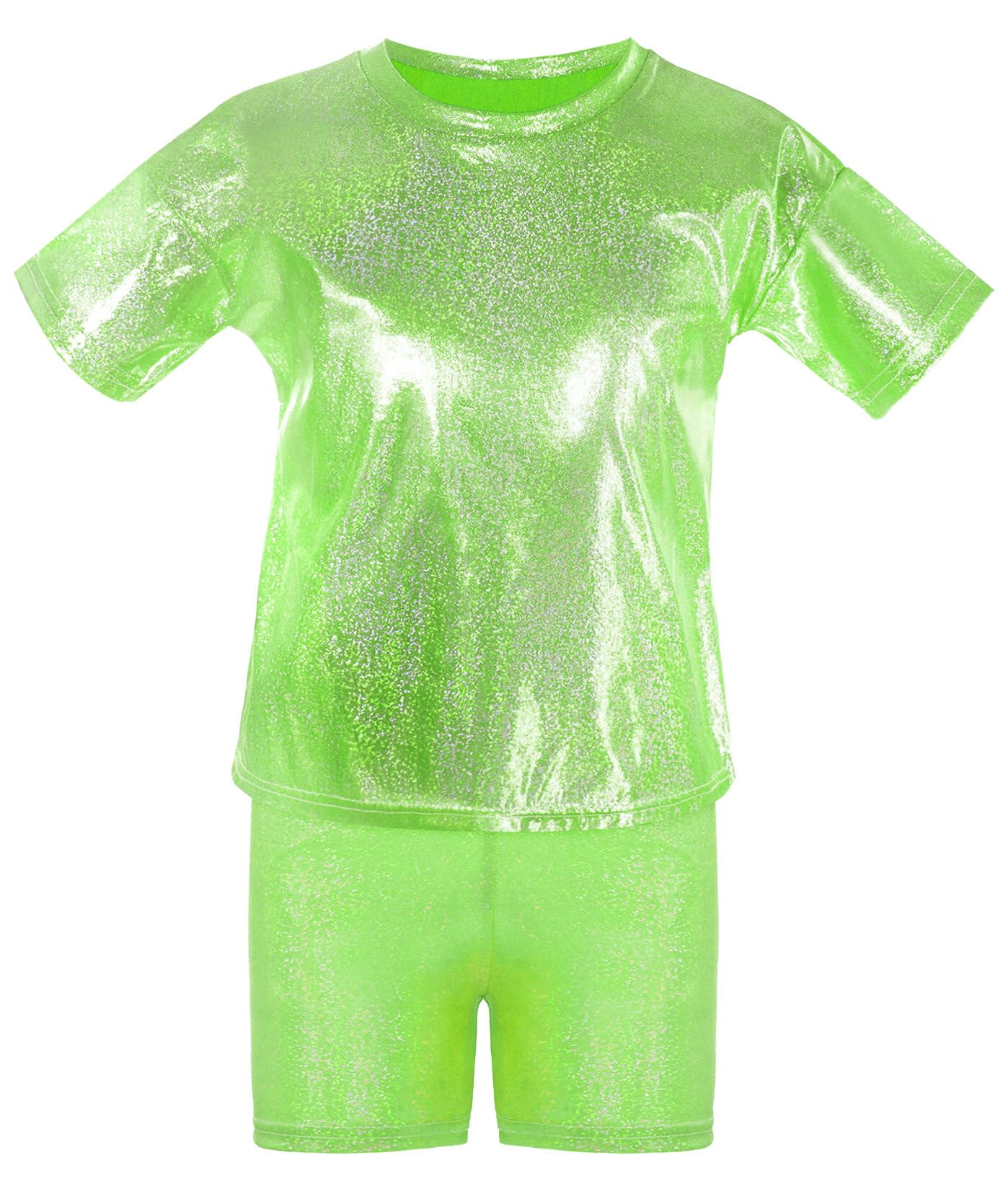 SEAUR Kids Girls Metallic Shirt with Shiny Shorts Hip Hop Tops Sequin T Shirts Modern Jazz Dance Party Costume 2 Pieces Green 12-13Y