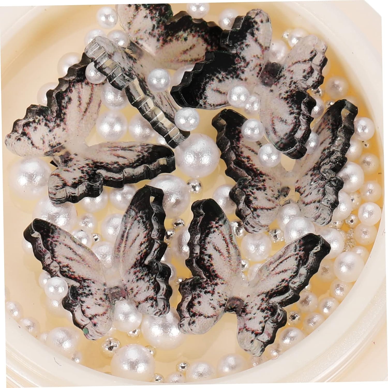 Nail Art Decals Black Camellia Rhinestones 4 Boxes Nail Charms Pearl for DIY Accessories