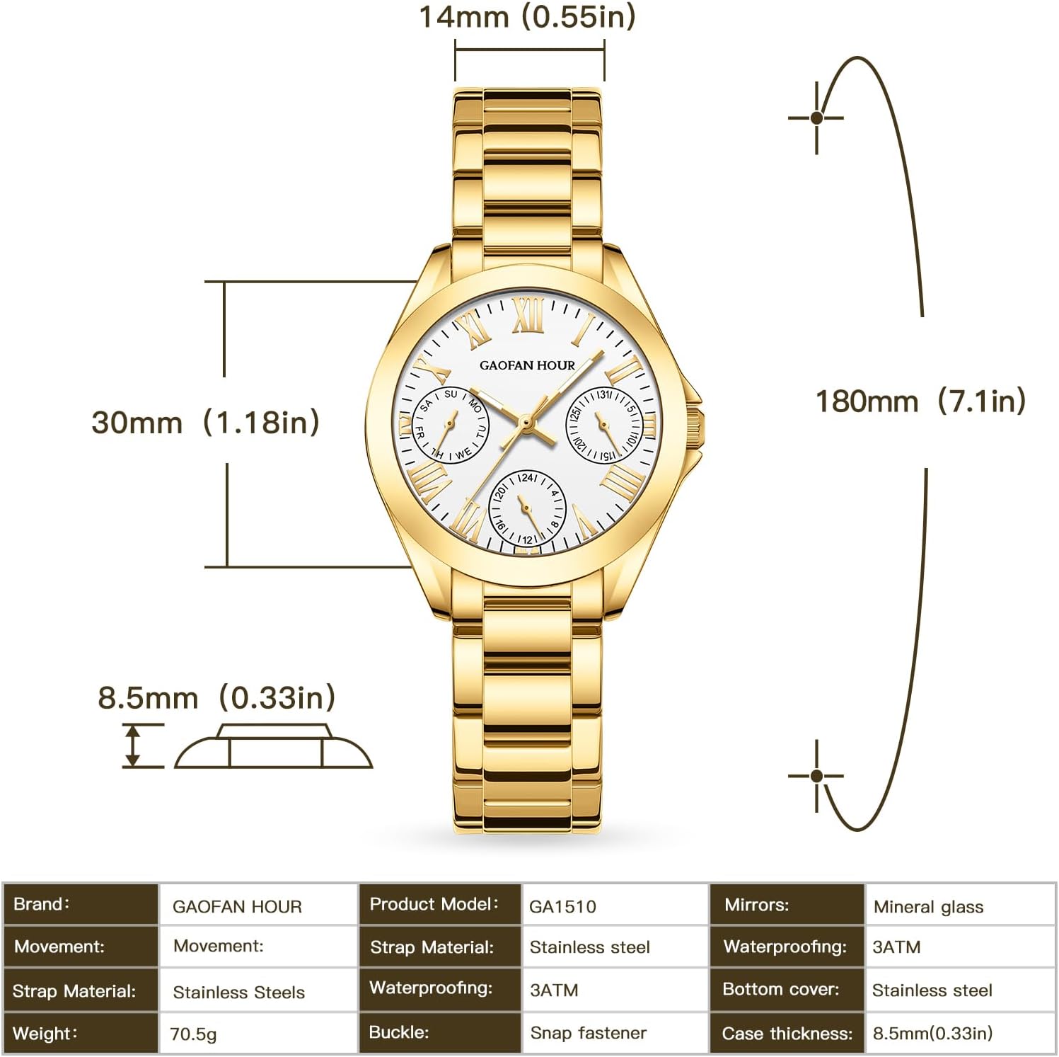 Gold Watches for Women,Analog Womens Watch with Multifunctional Vintage Roman Dial Stainless Steel Band,Waterproof with Tools