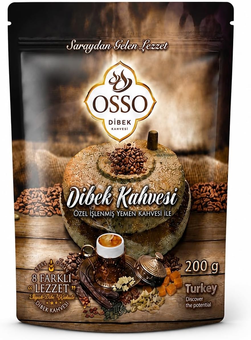 Turkish Dibek Coffee ,Dibek Kahvesi ,Ottoman Style Turkish Dibek Handmade Grounded Coffee ,Eight Flavors Together ,By Osso 7.1 oz (200 gr) Fresh Roasted, Non-GMO Halal قهوة تركية