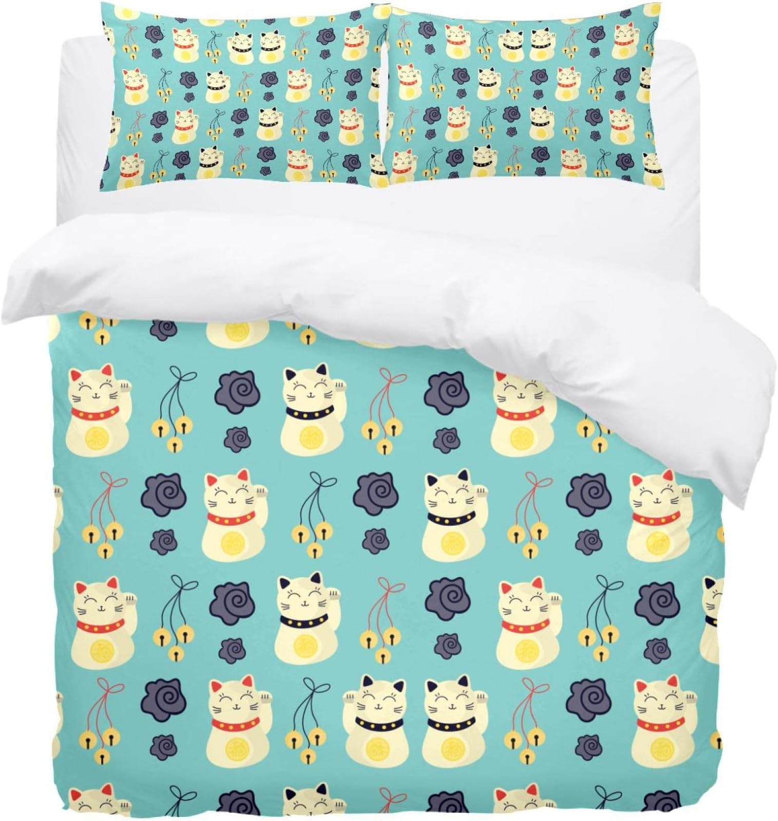 MaikolerSupersoft Collection Cartoon Japanese Lucky Cats Floral Pattern Duvet Cover Set - 1 Quilt Cover + 2 Matching Pillowcases