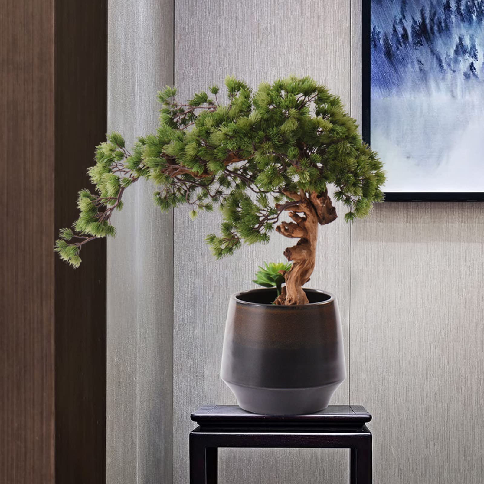 Árbol bonsái artificial Bonsái artificial verde de pino acogedor con simulación suculenta de simulación, planta en maceta, bonsái decorativo, exhibición de escritorio, adornos de maceta de árbol falso