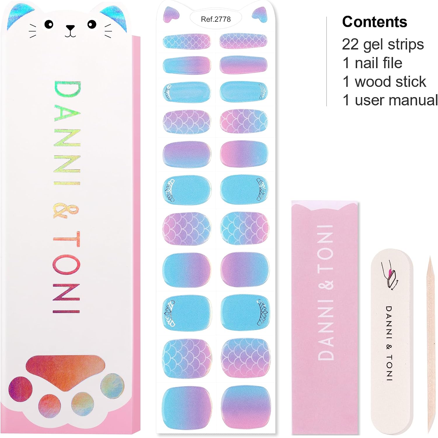 DANNI & TONI Kids Gel Nail Strips Mermaid Crown Blue Purple Aurora Ombre Salon-Quality Peel & Stick Manicure for Children (Age 6+)– Safe, Long-Lasting, Easy to Apply |Mermaid Glimmer
