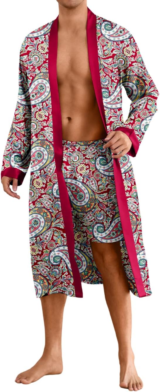ChiaoLezhee Men's Satin Kimono Robe Set with Shorts, Silk Lightweight Bathrobe with Belt, Luxury Long Sleeve Sleepwear