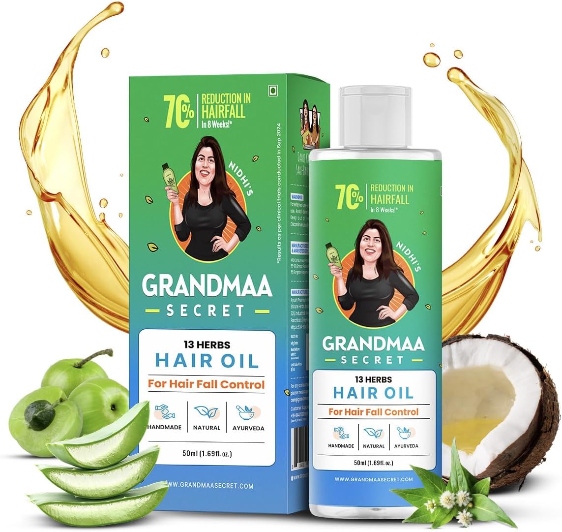 NIDHIโS GRANDMAA SECRET 13 Herbs Hair Oil for Hair Growth & Hair Fall Control | Handmade Oil with Aloe Vera, Curry Leaf & Amla | For Dry, Damaged, Frizzy Hair | Men & Women โ 50 mL