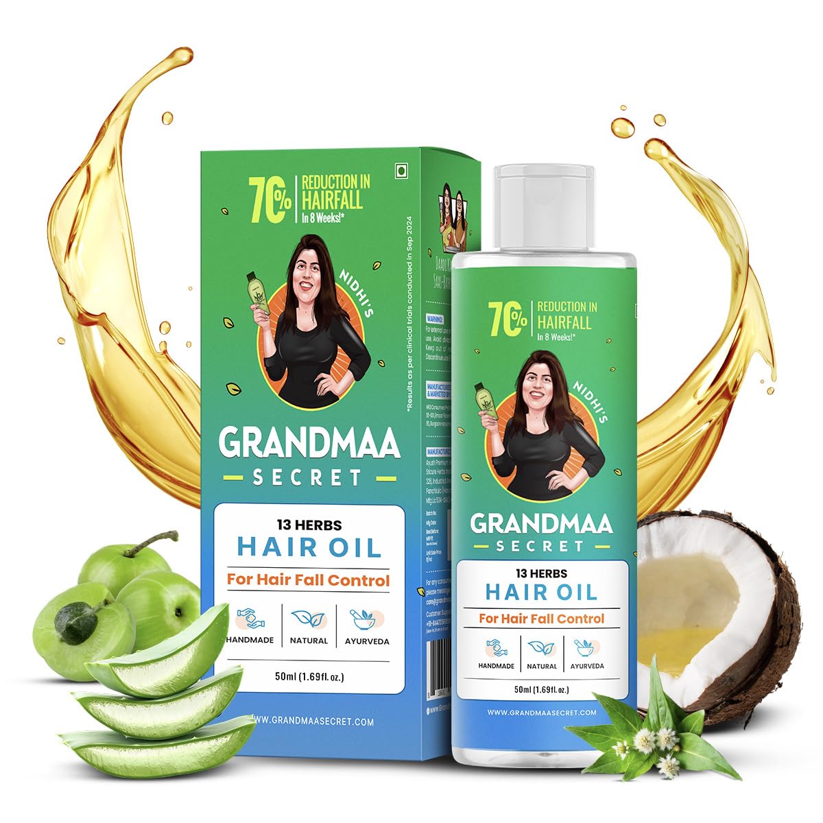 NIDHI’S GRANDMAA SECRET 13 Herbs Hair Oil for Hair Growth & Hair Fall Control | Handmade Oil with Aloe Vera, Curry Leaf & Amla | For Dry, Damaged, Frizzy Hair | Men & Women – 50 mL