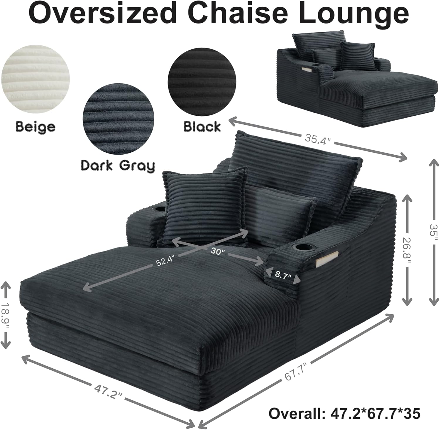 47" Boneless Chair Chaise Lounge: Oversized Comfy Corduroy Upholstered Indoor Couch with Armrets and 3 Pillows for Living Room Bedroom and Apartment, Deep Seat Sleeper Sofa, Grey