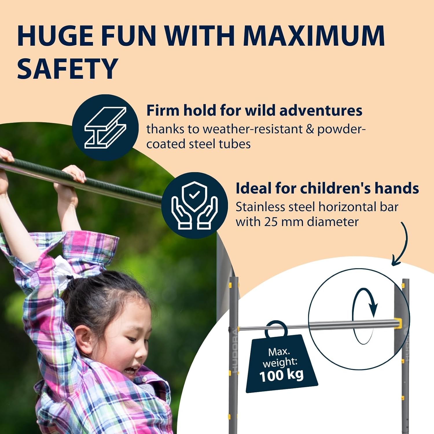 Image highlighting safety features: firm hold with weather-resistant powder-coated steel tubes and a stainless steel horizontal bar with 25 mm diameter, supporting a max weight of 100 kg.