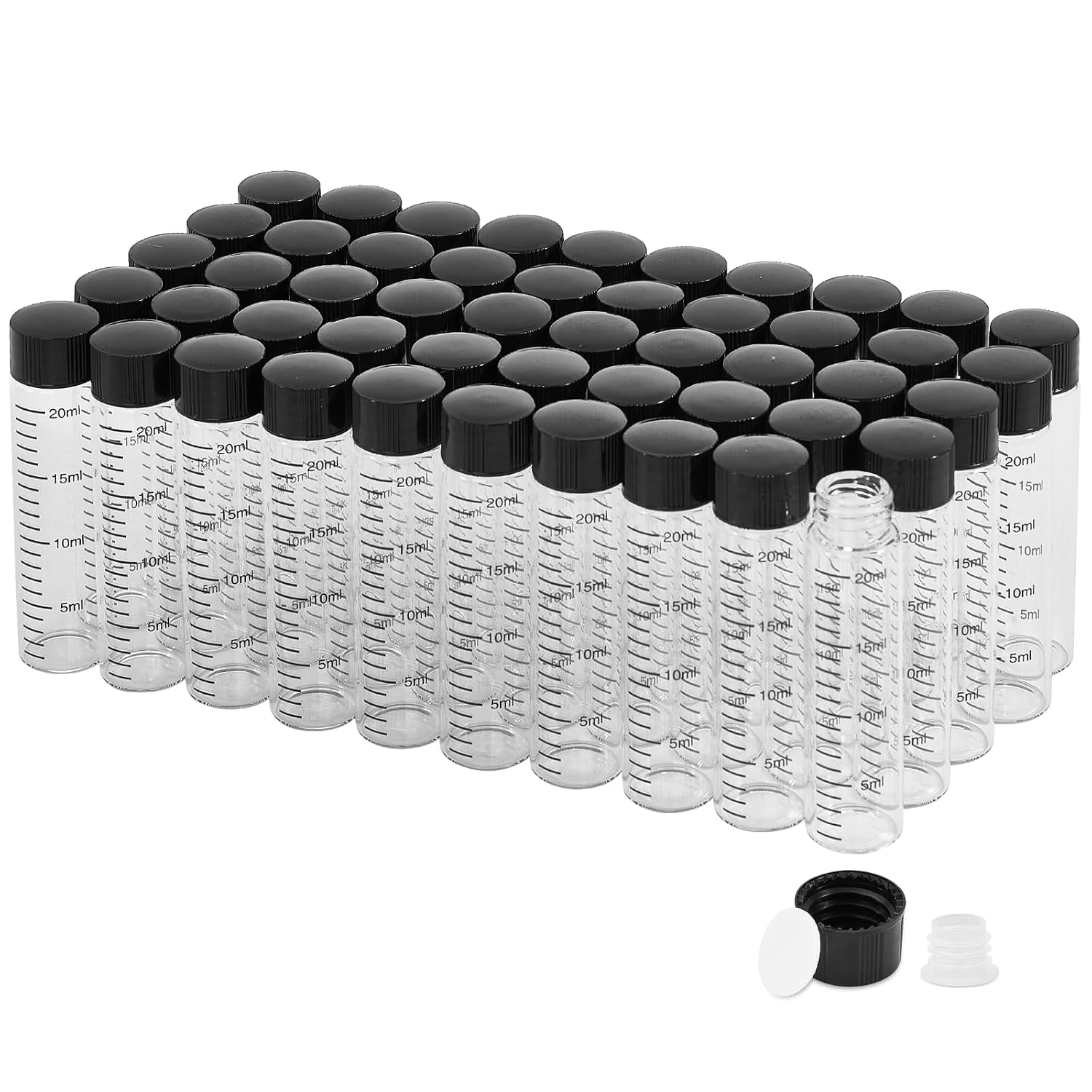 50PCS 10ml Amber Glass Graduated Vials with Screw Caps & Plastic Stoppers | Small Empty Leak-Proof Glass Bottles with Lids, Mini Containers for Essential Oils, Sample Storage & Travel (with Labels)