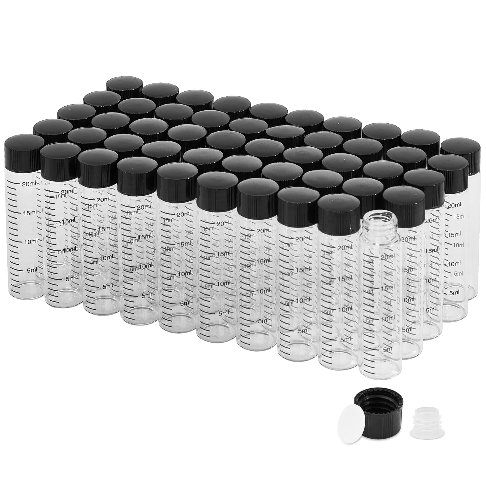 Fiale graduate in vetro trasparente da 20 ml con tappi a vite e tappi in plastica, piccole fiale per campioni con coperchi, fiale vuote a prova di perdite, 50 pezzi