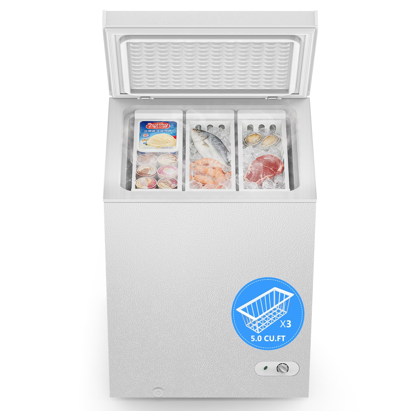 Cowsar 5.0 Cu.Ft Quiet Chest Freezer –3 Removable Baskets, 7 Adjustable Temperature, Energy-Saving Deep Freezer chest Ideal for Home/Office/Garage/Dorm | Fridge.com