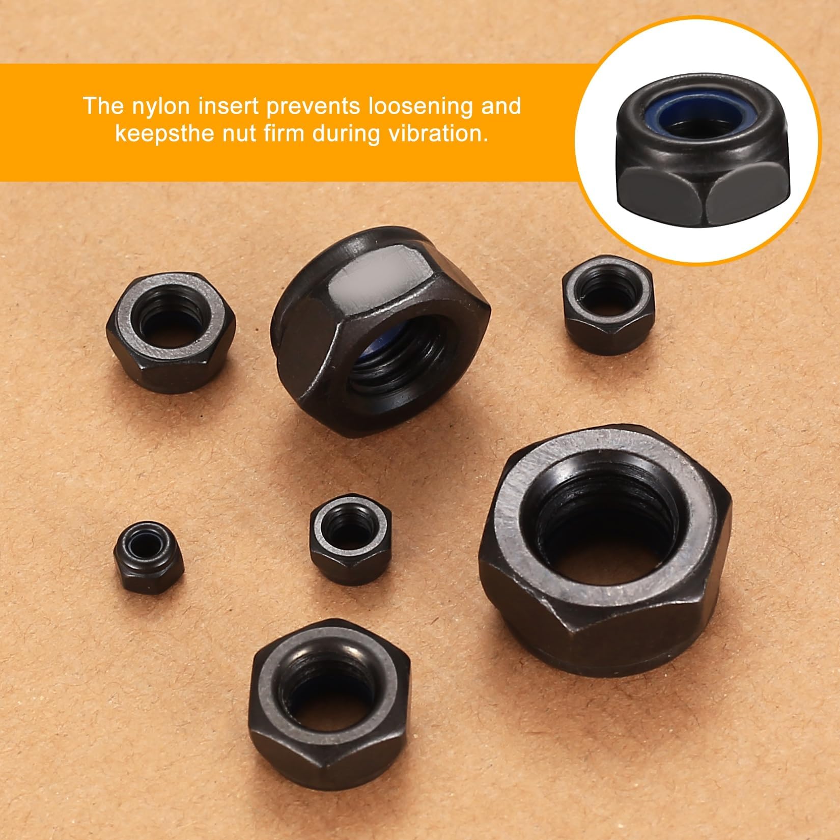 TA-VIGOR 220Pcs Nylon Hex Lock Nuts Assortment Kit, M3 M4 M5 M6 M8 M10 M12 Black Carbon Steel Nylon Insert Self-locking Nuts - Image 3