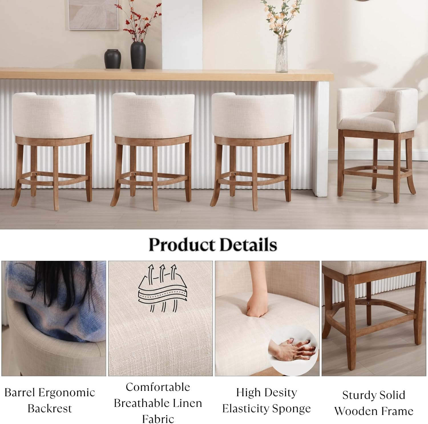 Ya-Home Modern Counter Height Barrel Bar Stool, 26” Linen Upholstered Counter Stool Farmhouse Wooden Barstool with Barrel Back/Arm Solid Natural Wood Legs Bar Chair for Kitchen Island, Beige