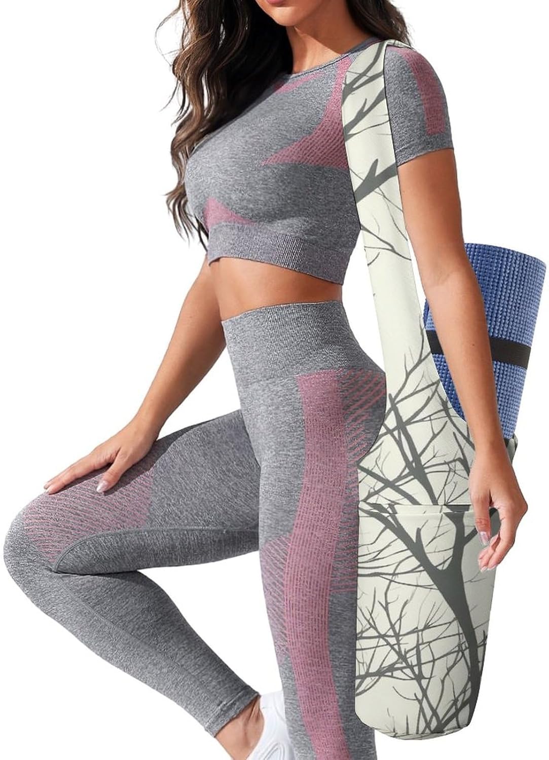 Canvas Yoga Bag,Tree Branch Printed Yoga Mat Handbag,Portable Yoga Mat Bag Large Capacity Gym Bag for Men Women Pilates Beach Travel