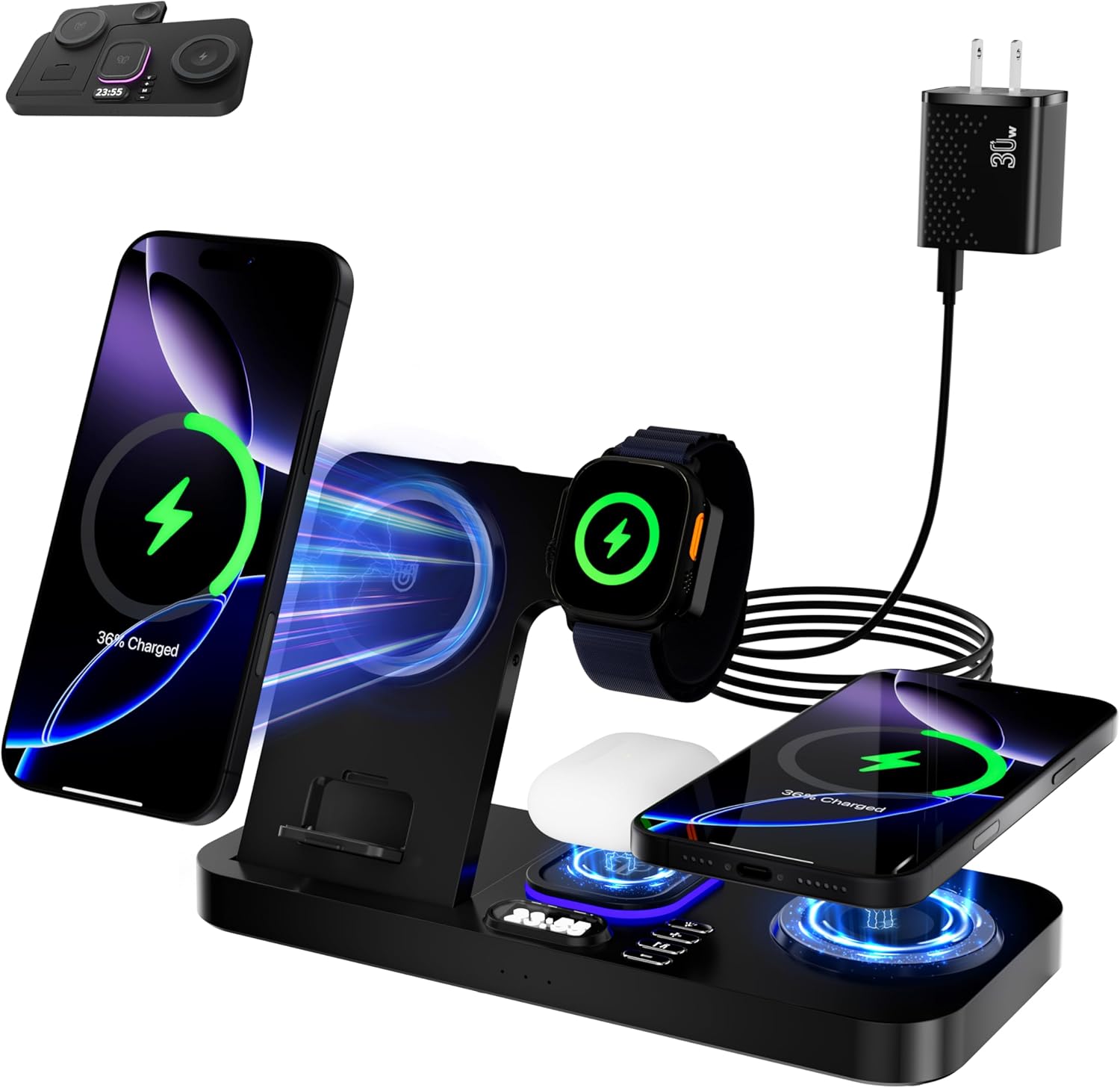 [2025] Upgraded Wireless Charger, 6 in 1 Charging Station,30W Wireless Charger with Clock & 7-Color Night Light,Stand Dock for iPhone 16/Pro/Max/XR/Samsung Galaxy,for AirPods Apple Watch