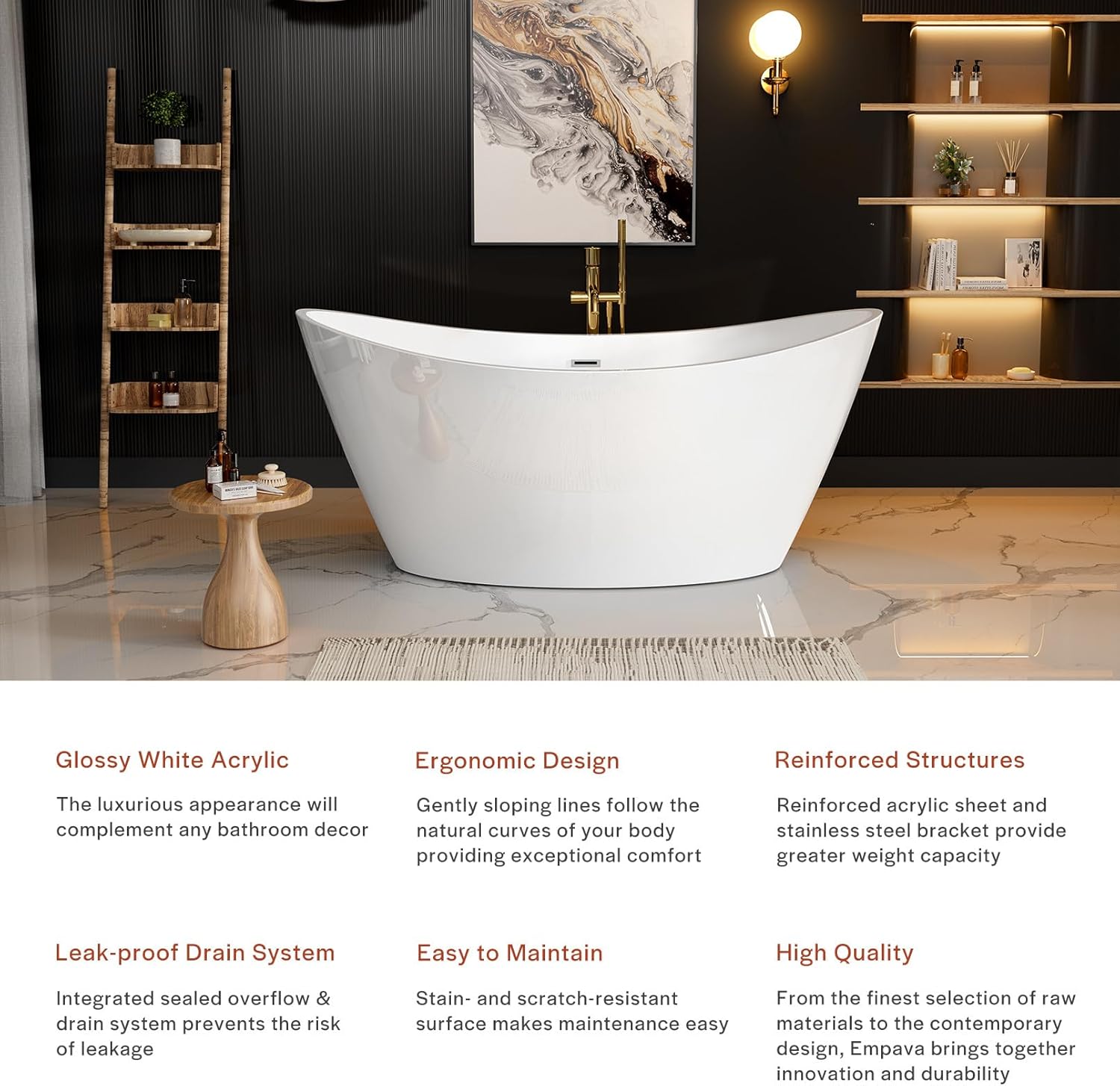 BATHTUB 67" Free Standing Tub, Luxury Acrylic Soaking Tub, Modern Stand Alone Tub with Ergonomic Design, Glossy White, Brushed Nickel Drain & Overflow Included - Image 2
