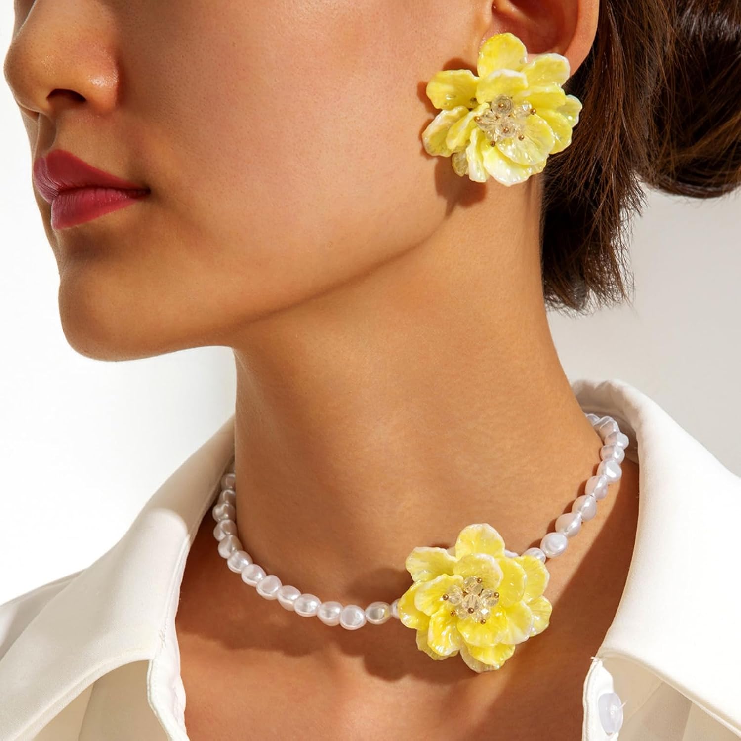 Acrylic Flower Earring Necklace set for Women Vintage Pearl Beaded Necklaces Boho Colorful Petals Earring Necklace Simple Fashion Wedding Jewellery image 2