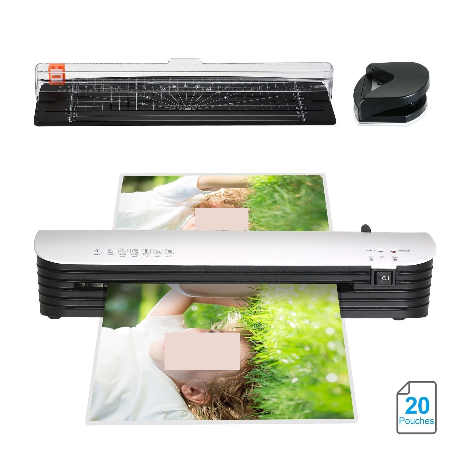 Zestaw maszyn do laminowania Rozmiar A4 Laminowanie na gorąco i na zimno System 2 rolek z 20 foliami do laminowania Gilotyna do papieru Okrągły narożnik