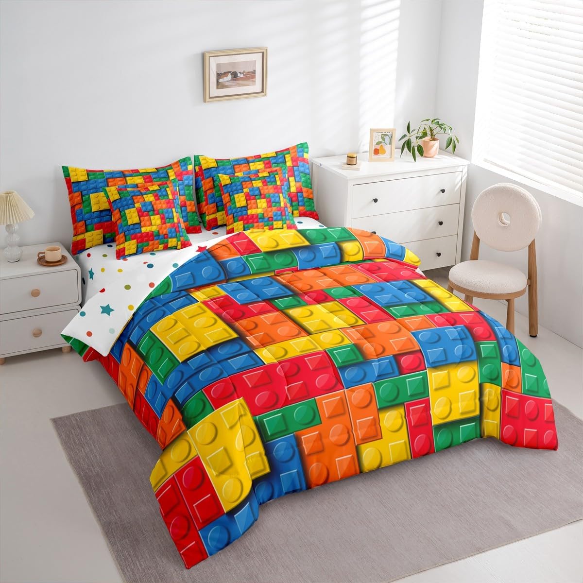 Erosebridal Construction Bed in a Bag Queen Comforter Set 7 Piece,3D Building Blocks Bedding Sets,Colorful Sheet Set Kids Boys Bricks Gradient Rainbow Gaming Room Decor,Yellow Green Blue Orange Red