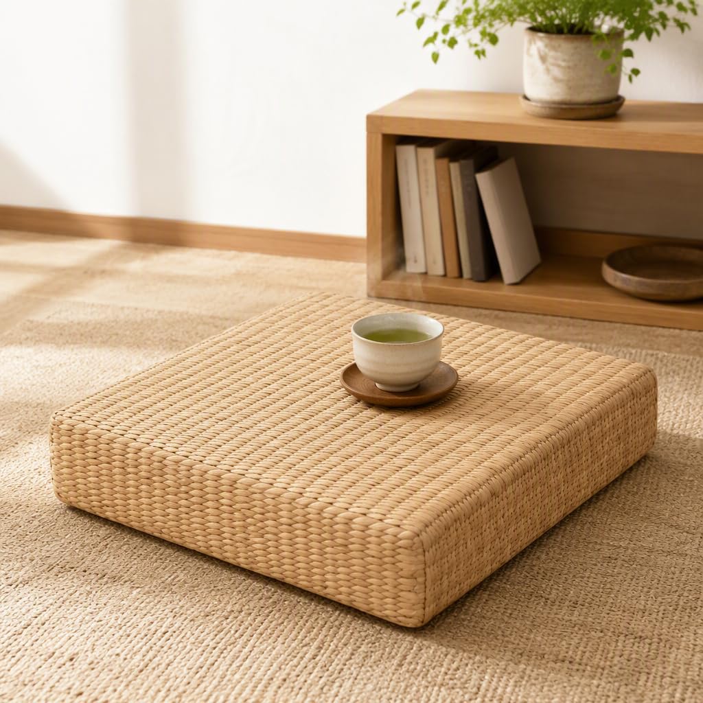 Cojines de Suelo de Paja Tejidos a Mano, Paquete de 2, Almohadillas Naturales para meditación, Yoga y decoración de Sala de Estar, Cuadrados de 40 cm (15,75 Pulgadas) (2pack*17.72inch)