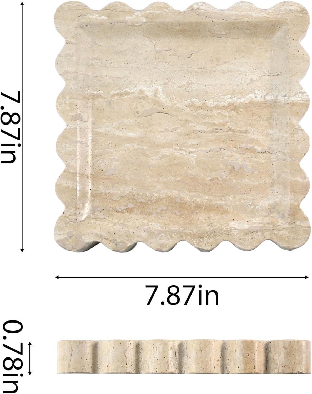 Elegant Square Marble Decorative Tray with Scalloped Edge Natural Stone Vanity Tray Organizer for Counter, Vanity, Dresser, Nightstand, Bathroom & Kitchen Sink(Beige Travertine)