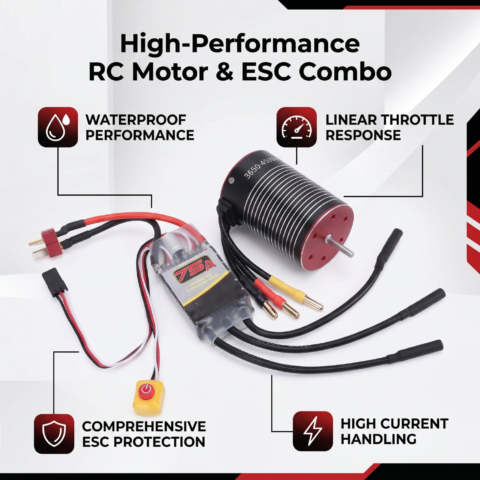 Zunate Bezczujnikowy Silnik Bezszczotkowy ESC Set 3650 4500KV 75A | Wodoodporna Kombinacja o Dużej Prędkości do Wyścigów Samochodów i łodzi RC w Skali 1/10