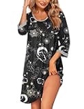 Ekouaer Women's Pleated Nightgown Soft Sleep Shirt 3/4 Sleeve Pajama Dress Scoopneck Sleep Tee Nightshirt Sleepwear S-3XL