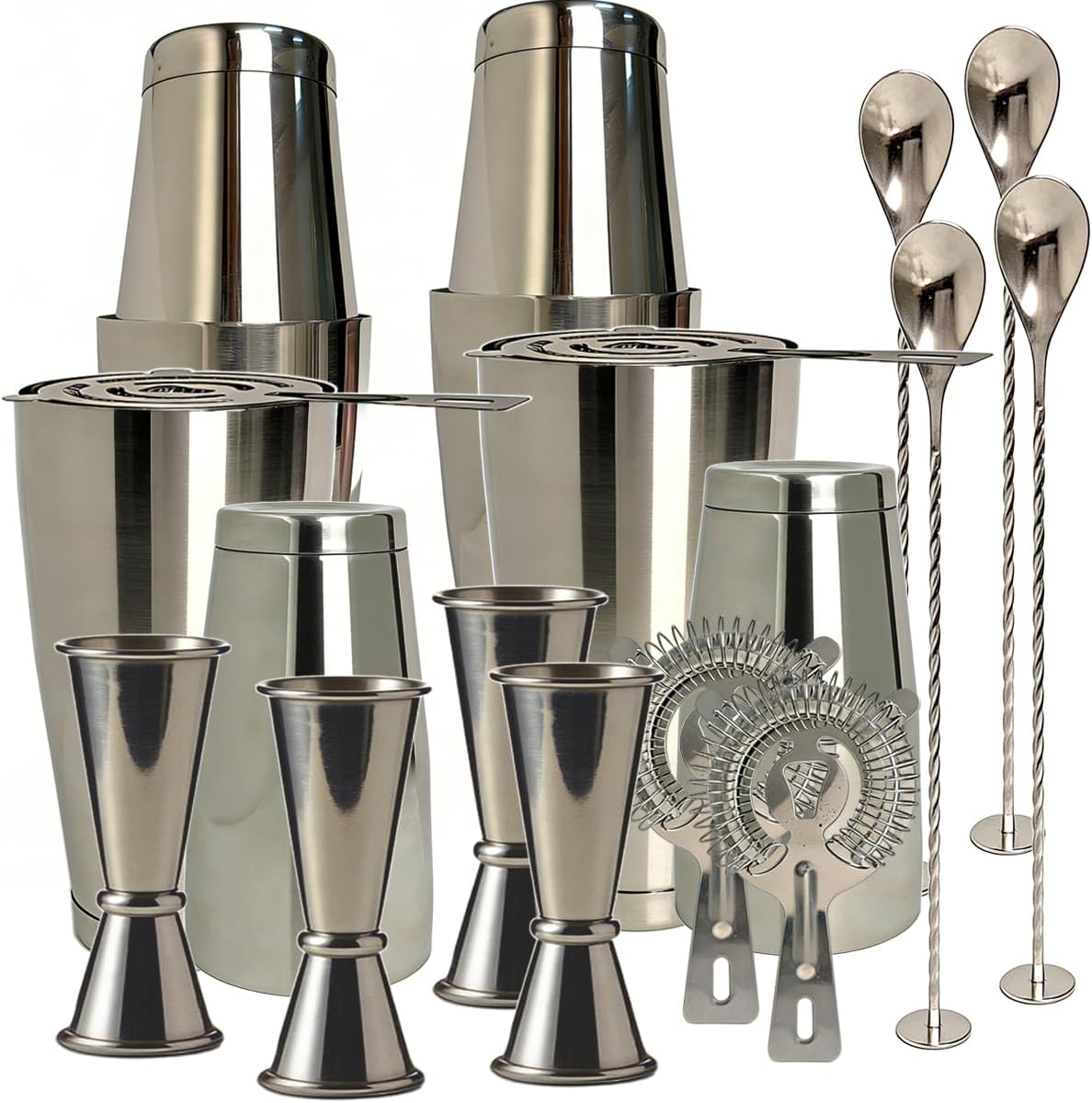 20 Pcs Cocktail Shaker Set, Boston Shaker with 28oz & 18oz Stainless Steel Tins, Jiggers, Strainers and Bar Spoon, Bartender Kit for Home Bar, Parties, Beginners and Hobbyists